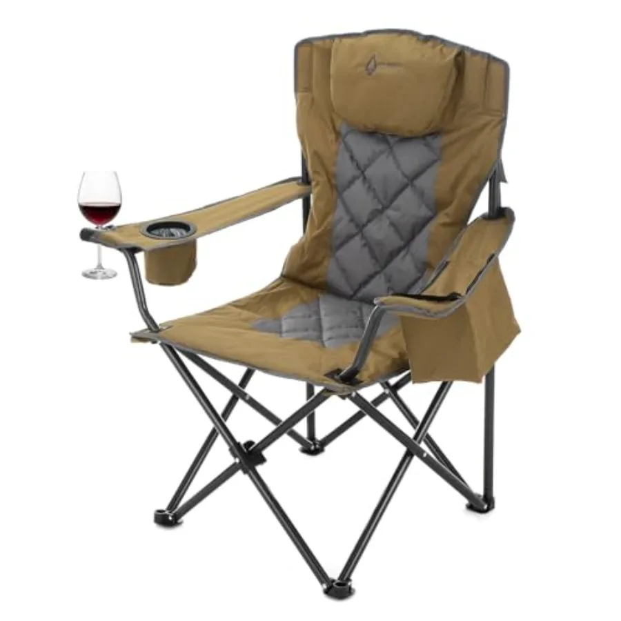 

Outdoor camping chair with aluminum frame, black color, portable folding design with headrest, cup holders, 6-can cooler, heavy