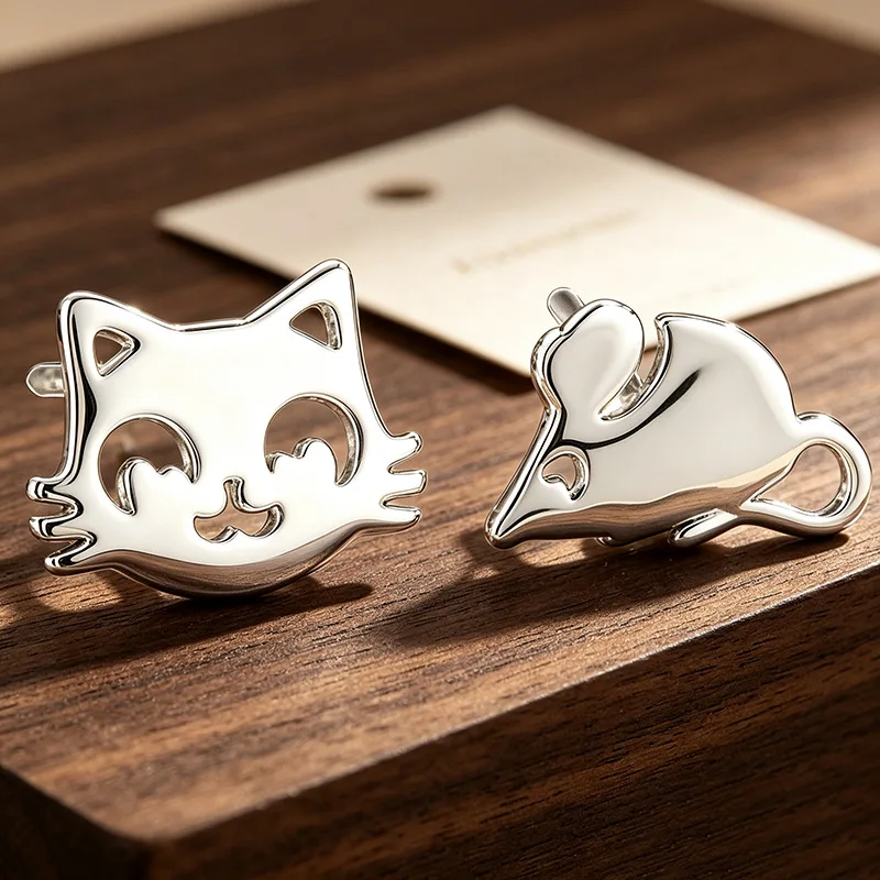 100% 925 Sterling Silver Fashion Cat & Mouse Animal Lady Asymmetry Stud Earrings Jewelry Anti Allergy Gifts 2027 New Style
