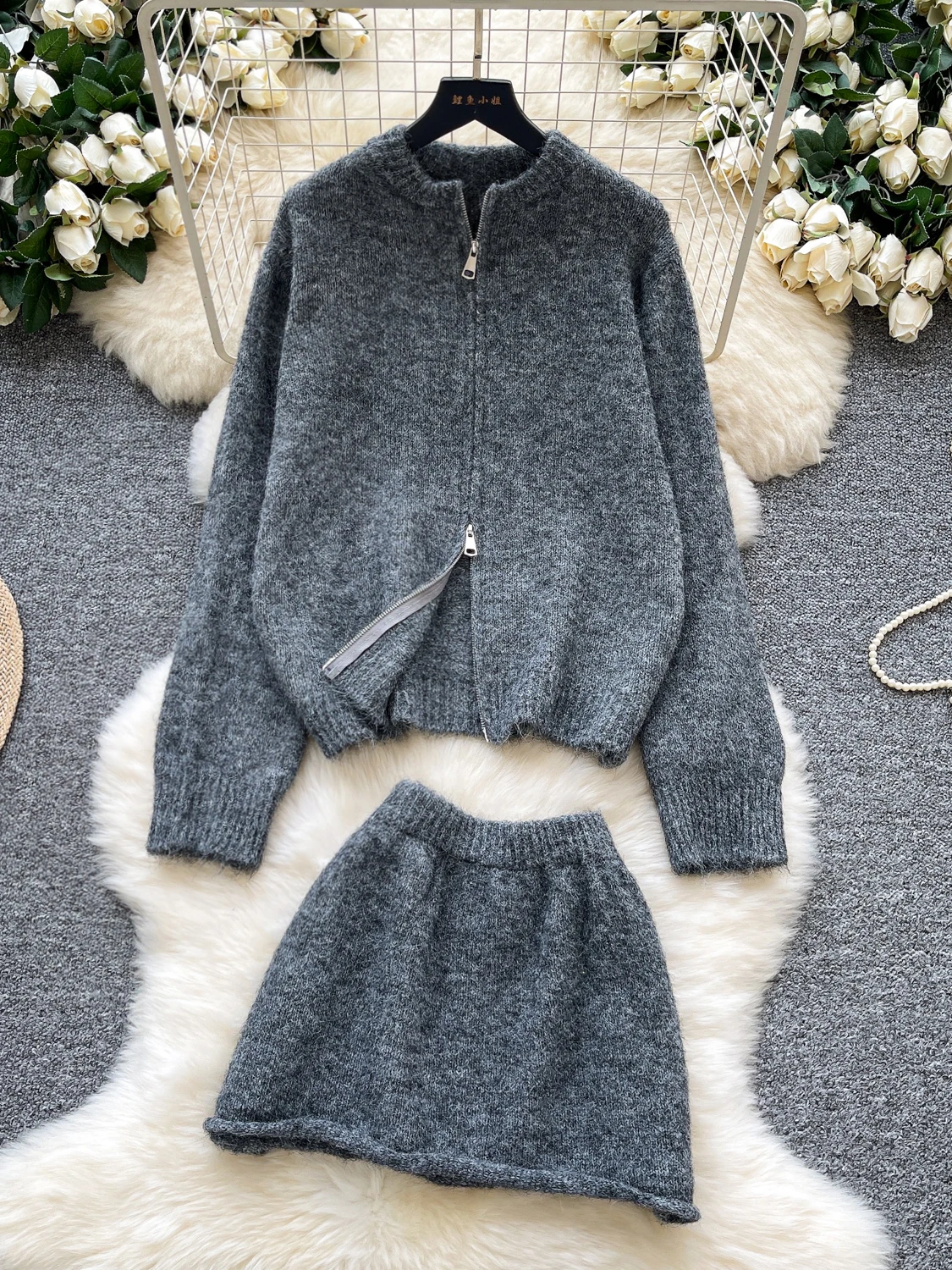 

Модный свободный свитер Lazy Sle на молнии с длинным светом, джерси, женская юбка ort f, комплект из двух предметов, однотонная рабочая одежда с высокой талией