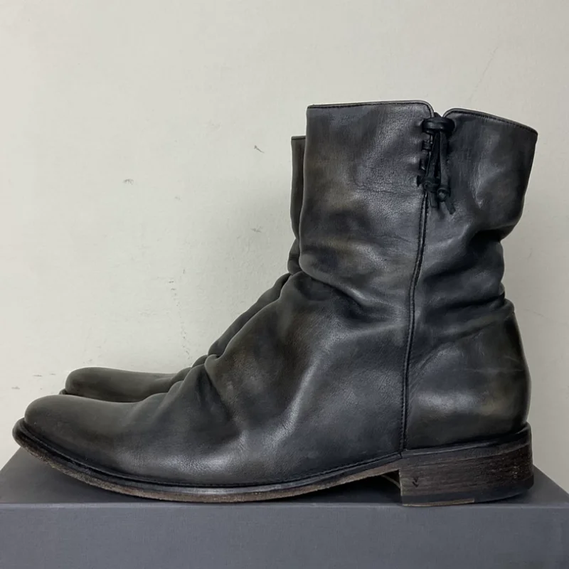 Pleated Shoes for Mens Round Toe Flat Heels Sewing Lines Males Boots Solid Chassure Hombre Side Zippers Zapatos Hommes Stitching
