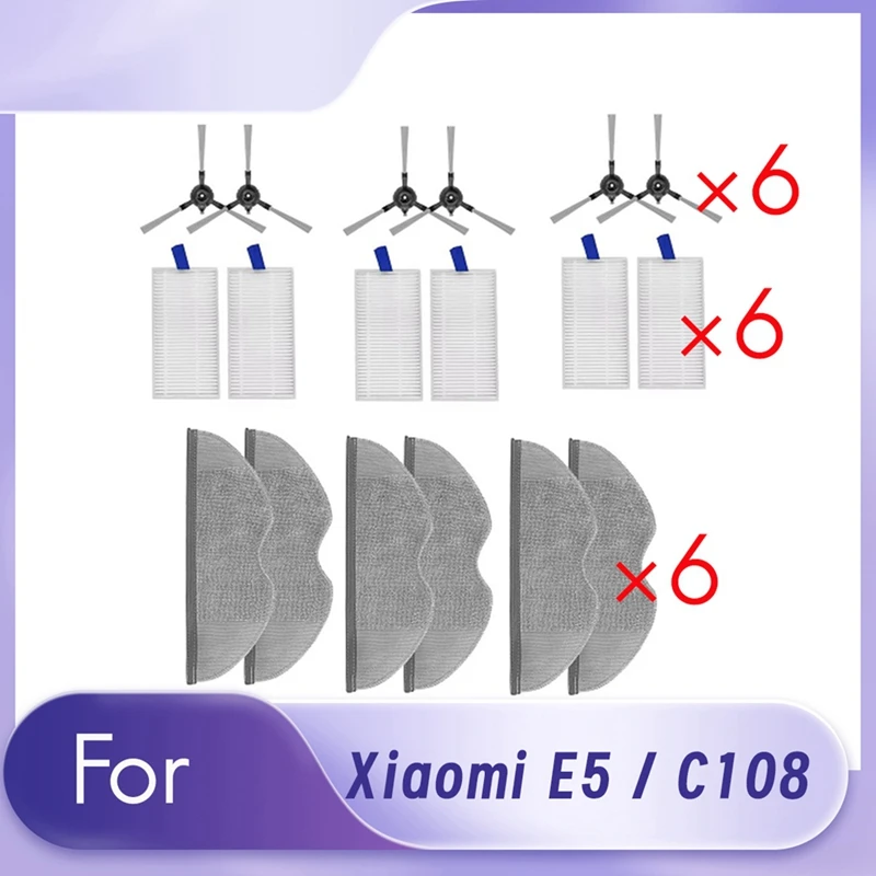 18 Pcs For Xiaomi E5 / C108 Sweeping Robot Accessories Cleaner Parts Replacement Main Side Brush Mop Filter Set Dust Bag