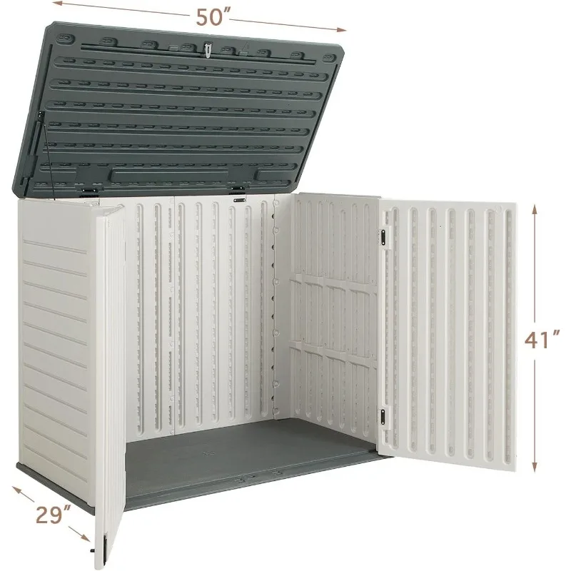 

Горизонтальный навес для хранения из смолы на открытом воздухе, 34 куб. футов. Садовый ящик для хранения, устойчивый к атмосферным воздействиям ящик для хранения очень большой емкости