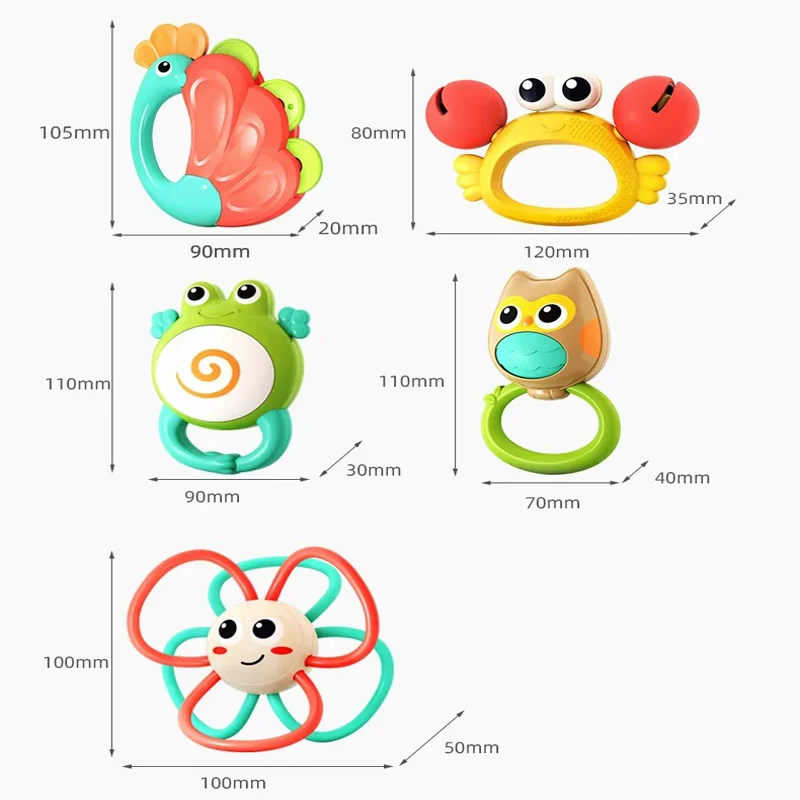 Juego de sonajero para bebé, 5 uds., nuevo estilo, hervirable, mordible, no tóxico, calmante, agarre, entrenamiento, fabricación de sonido, juguete, regalo para niños