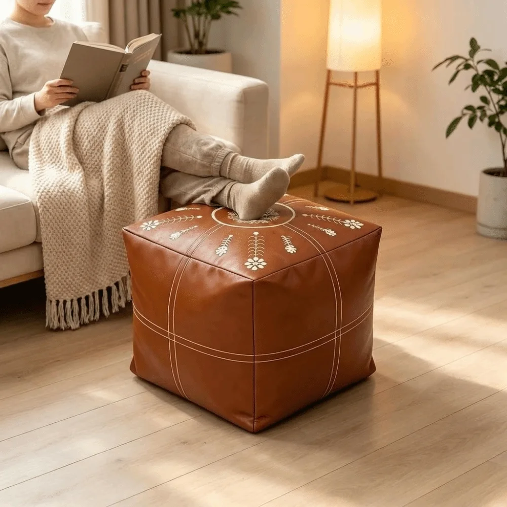 PU Leather Sofa Stool Cover Unstuffed Large Capacity Seat Cushion Cover Waterproof Embroidery Square Storage Pouf Meditation