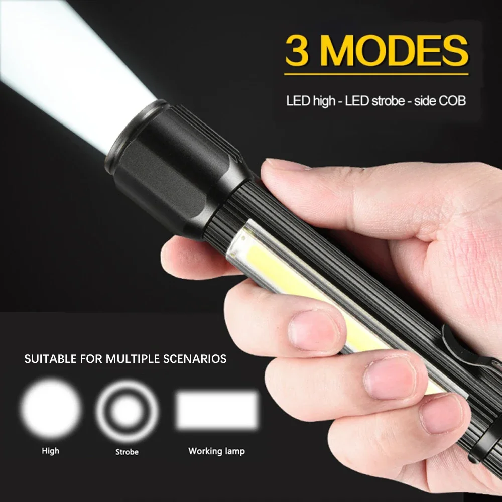 Super Bright LED Flashlight COB Work Light 3 Modes USB Rechargeable Torch Camping Lantern with Hook Waterproof Flash Lights