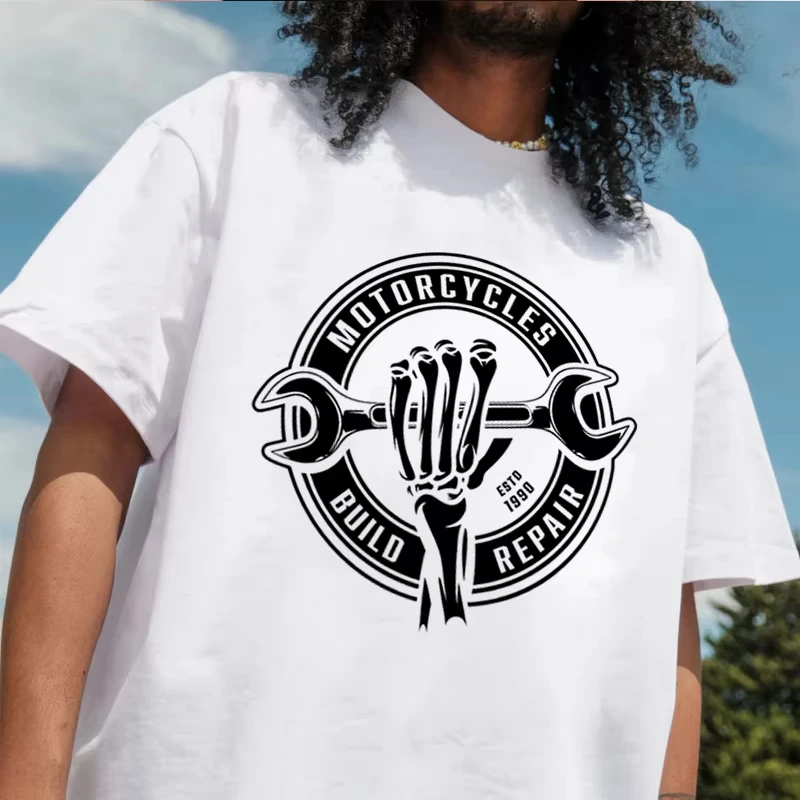 

Футболка с принтом мотоцикла, 100% хлопок, с круглым вырезом, модная, с коротким рукавом, мужская, с графическим рисунком