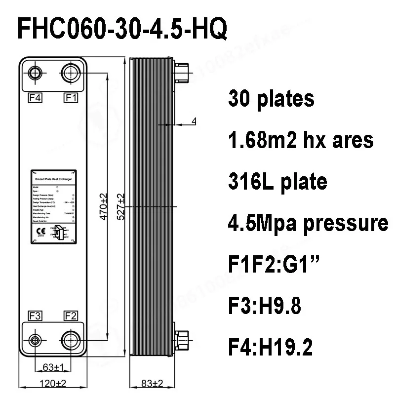 1.68m² Heat Transfer Area 30 Plates 316 Stainless Steel Brazed Plate Heat Exchanger with 4.5MPa Pressure