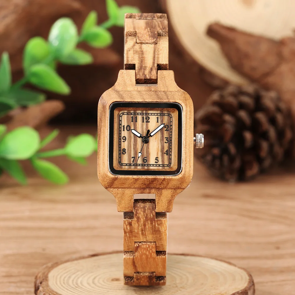 Classic Square Shaped Quartz Watches for Women Wooden Band Bracelet Wristwatch Ebony/Maple/Zebrawood Natural Stylish Lady Watch