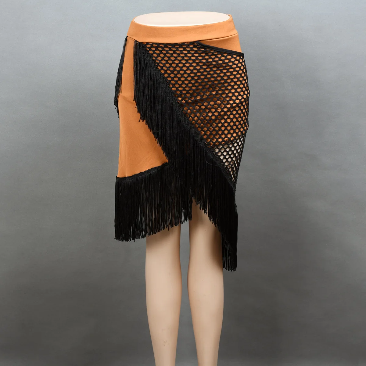 Latin Dance Kostuum Vrouwelijke Volwassen Encryptie Kwast Rok Sexy Tango Rumba Rok Grote Mesh Stiksels Oefenrok