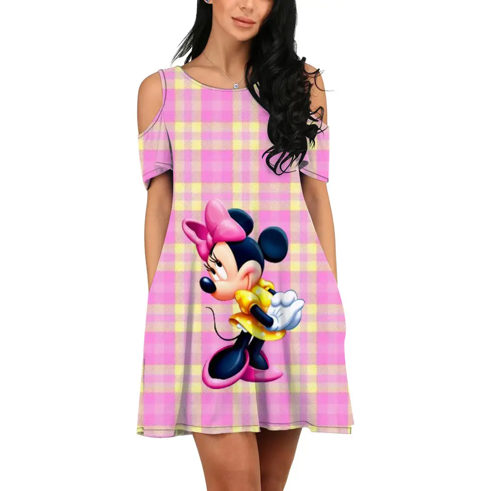 Fashion Nightclub Party Disney Brand Mickey and Minnie Anime 2022 Summer New Elegant Sexy Off-the-shoulder Korean Slim Dress