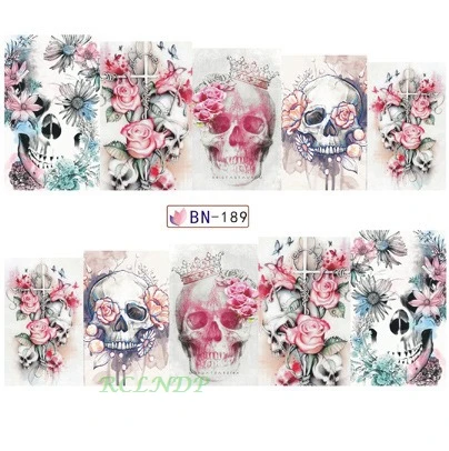 Autocollant à eau pour décoration des ongles, motif crâne avec couronne de fleurs roses, design aquarelle, accessoires de laque