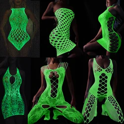 Noctilucent Sexy Glowing Hollow Out Mesh Fishnet Bodysuit Bodystockings Hot Pole Women's Clubwear Erotic Luminous Babydoll Dress