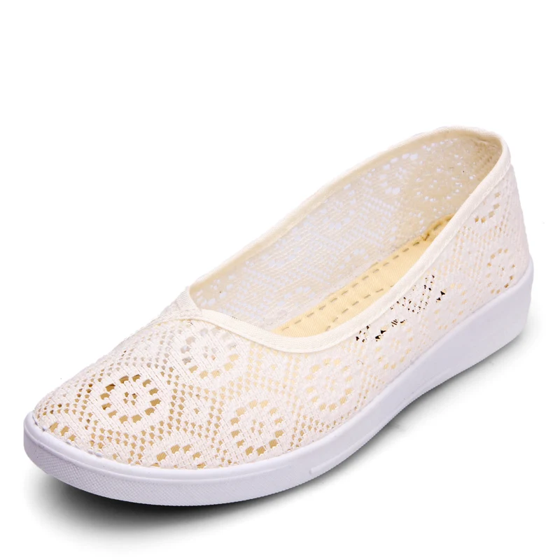 Summer Casual Flats Shoes Woman Hollow Outs Breathable White Lace Work Shoes Fisherman\'s Shoes Flat Bottom Cloth Shoe Loafers