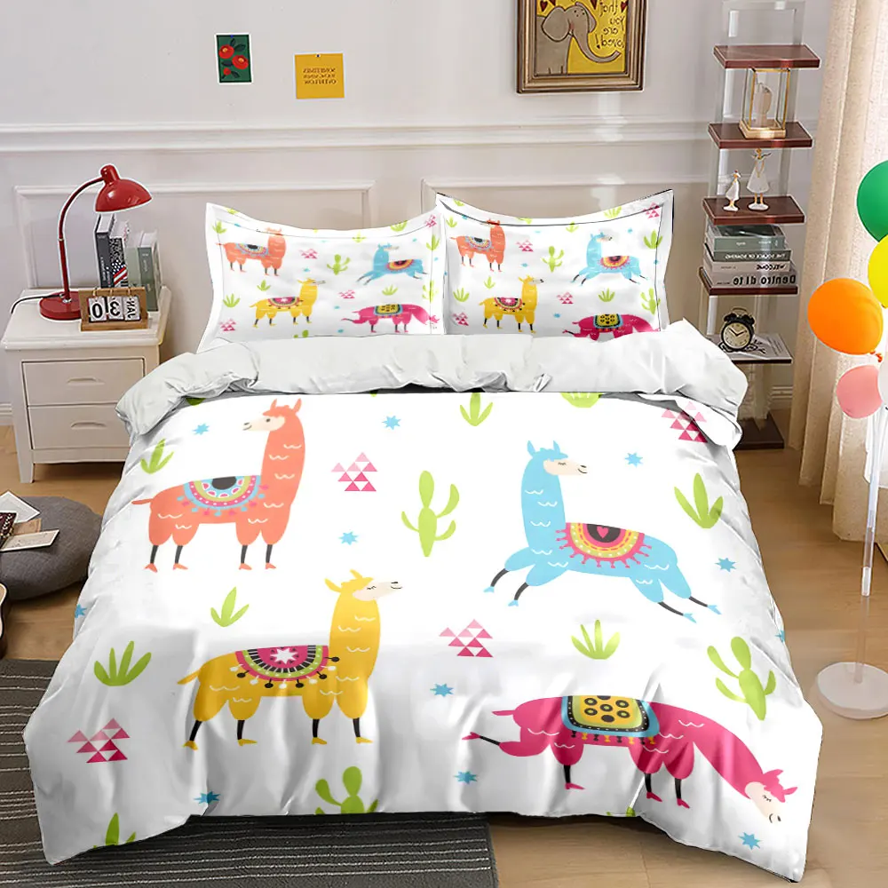 Cute Colorful Llama with Plant Background Design Bedding set 3PC 1 duvet cover 2 pillowcases adult and children bedding set
