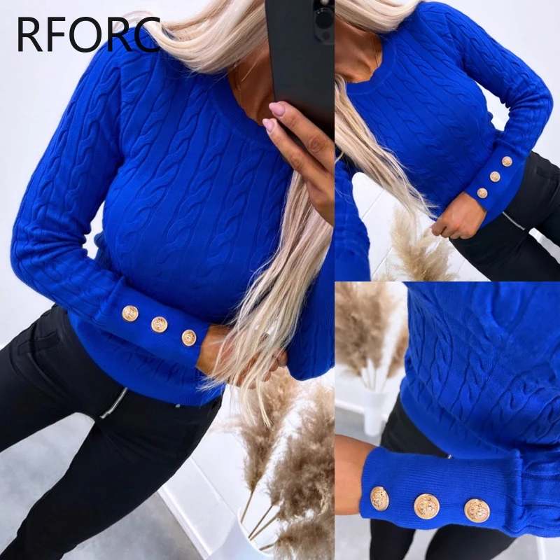 2024 Women Long Sleeves Button Decoration Casual Basic Knitting Blouse Top