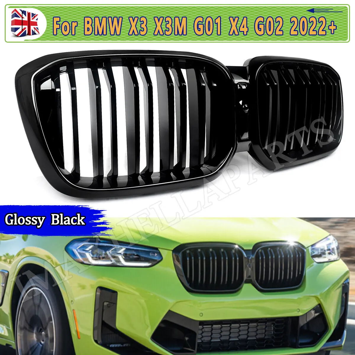 

Передняя решетка для почек для BMW X3 X4 G01 G02 2022 2023 Dual 2-Slat Glossy Black Racing Grills Решетка для автомобильного бампера Решетка для отделки