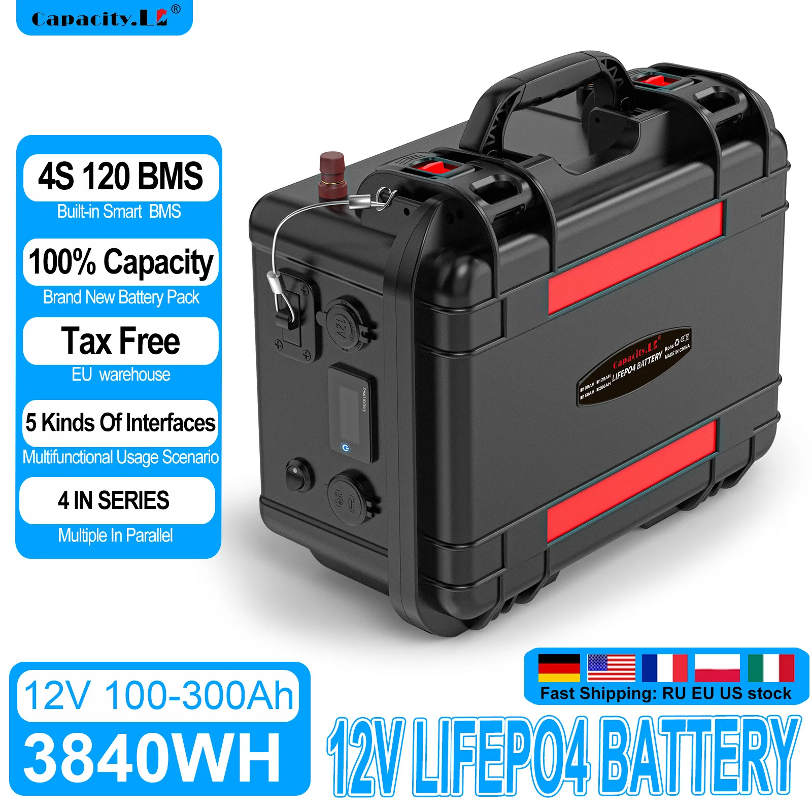 12V LiFePO4 Battery Pack 100Ah Lithium Battery 100Ah with BMS Rechargeable Waterproof Marine RV Outdoor Backup Solar Inverter