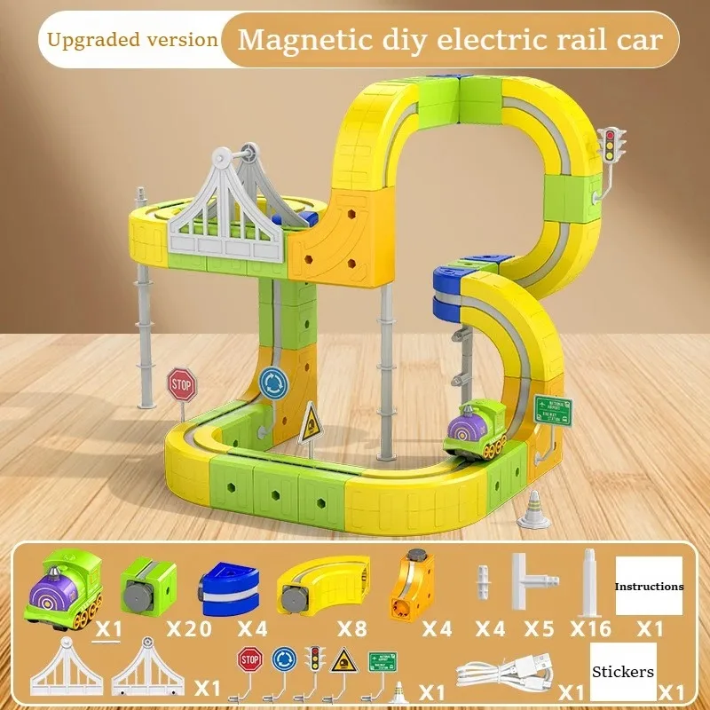 Juego de tren de pista magnética eléctrica Diy de partículas grandes creativas, bloques de construcción, juguetes educativos, regalo para niños