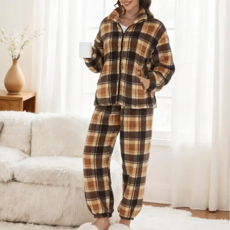 

Zip Up Warm Homewear Design 2 Piece Set Leisure Plaid Print Long Sleeve Fleece Lined Thick Pajamas for Women Winter Nightwear