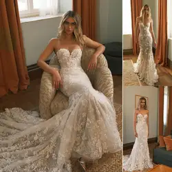 Elegant Mermaid Gown Wedding Dresses Flowers Lace Bridal Gowns Big Size Strapless Vestidos De Novia Custom Size Colour