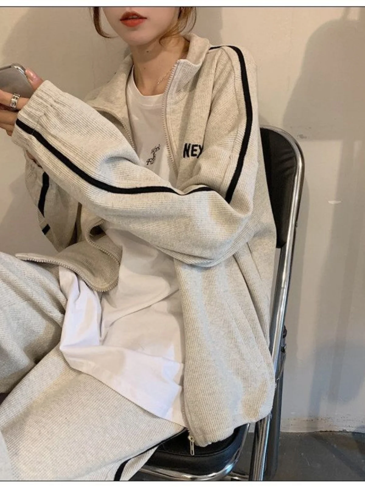 

Casual Sportswear Set Women's Spring Autumn Loose Hoodie Wide Leg Pants Running Suit Two Piece Set Long Sleeve Zipper Closure