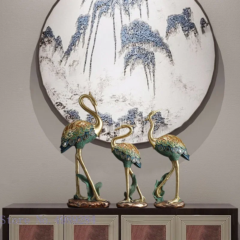 Creative Resin Animal Sculpture Painted Crane Bird Simulation Animal Statue Crafts Ornaments Golden Relief Handmade Home Decorat
