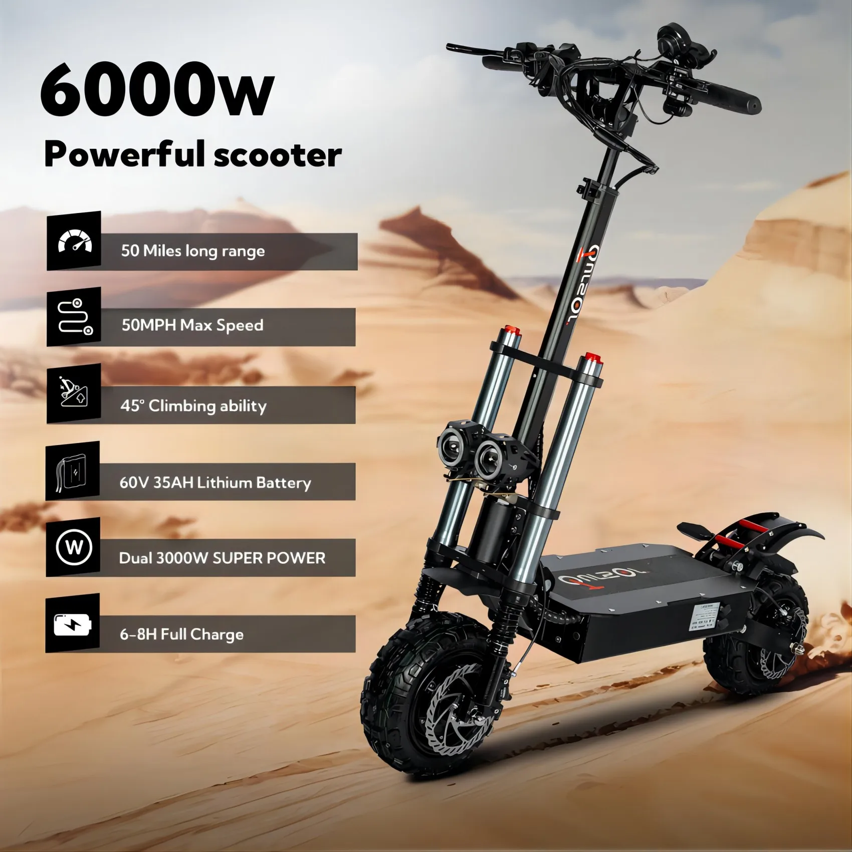 Toursor US Stock Kick E Scooter 11inch Off Road Tire Fast Speed 53mph 60V 6000W Electric Scooter