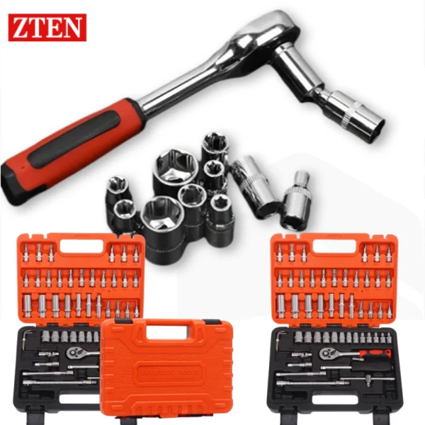 Set Perkakas Reparasi Mobil 53 PCS, Set Soket, Ratchet, Kunci Torsi, Kombo Perawatan Kendaraan Motor, Set Perkakas Reparasi Otomatis