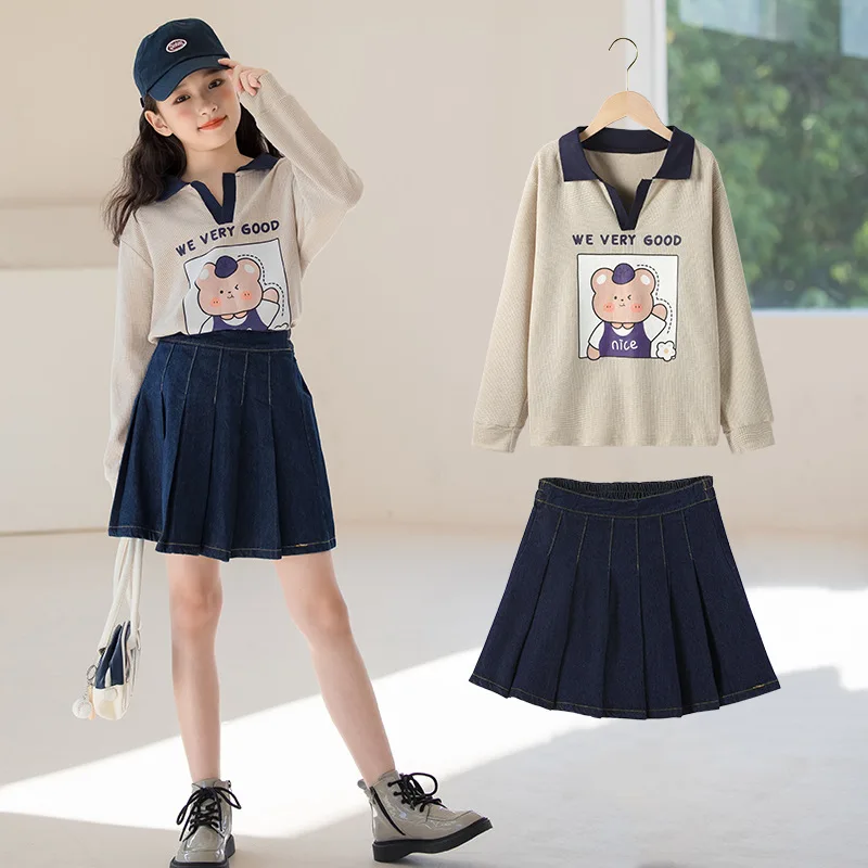 

2023 Korean Spring Autumn Children 2-Piece Sets Girl Cartoon Pullover Sweatshirt+kids Solid Color Pleated Skirt Sets For Girls