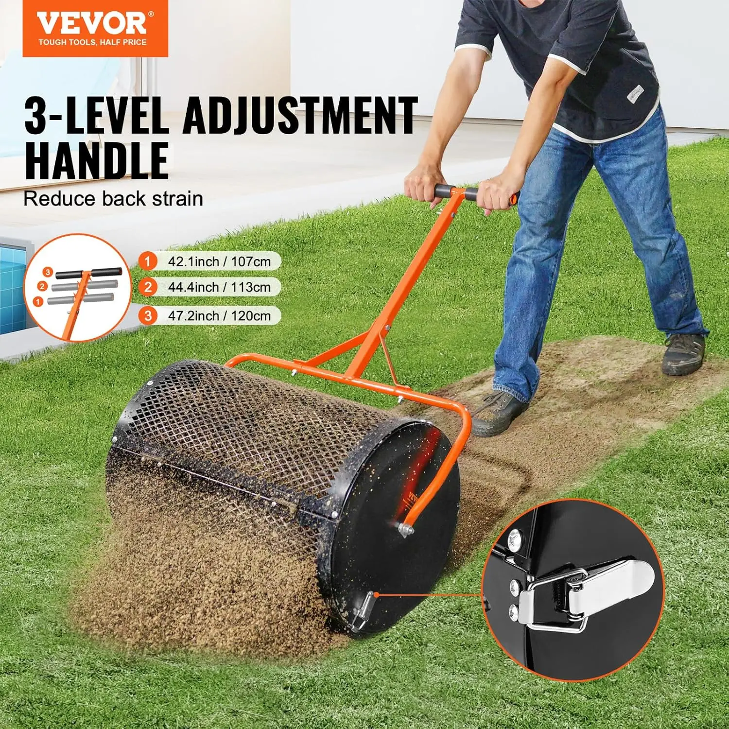 Compost Spreader and Peat Moss Spreader, 24" Push/Tow-Behind Roller Lawn Spreader with Height Adjustable T Shaped Handle