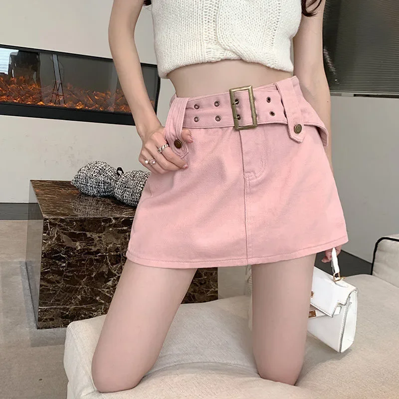Minifaldas vaqueras rosas de verano para mujer, falda coreana de cintura alta antideslumbrante, falda ajustada adelgazante que combina con todo
