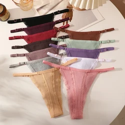 FINETOO 5Pcs Women Cotton Lace Thongs Adjustable Belt Underwear Sexy Ribbed Striped G-string Panties Breathable Bikini Lingerie
