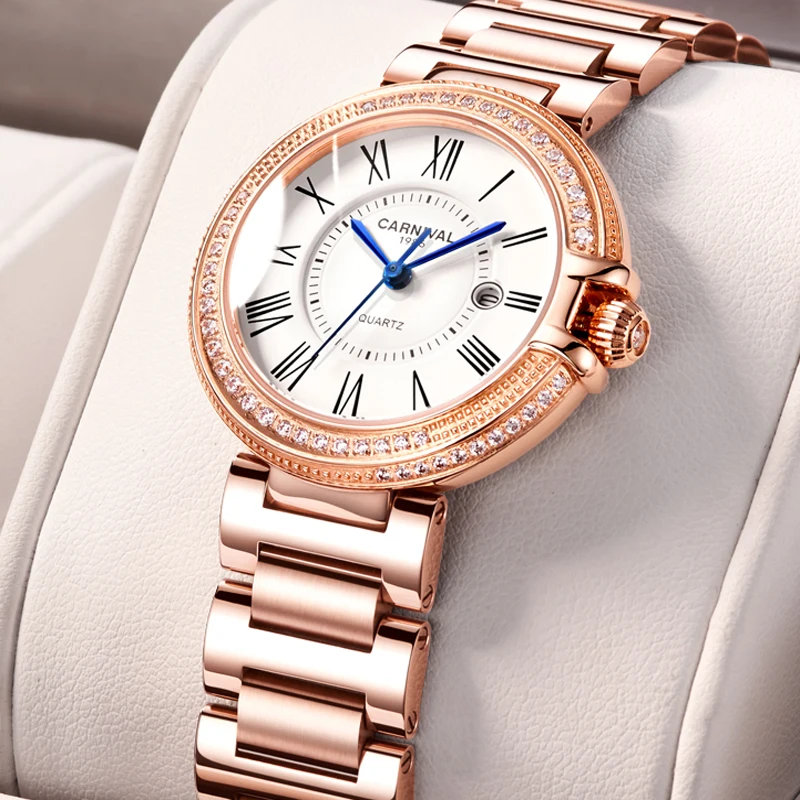 CARNIVAL Fashion Watches for Women Brand Luxury Ladies Rose Gold Silver Dress Quartz Wristwatches Waterproof Womens Reloj Mujer