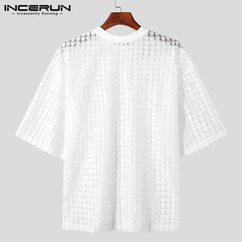 2023 Men T Shirt Mesh Transparent Solid O-neck Short Sleeve Men Clothing Loose Party Streetwear Fashion Tee Tops INCERUN S-5XL