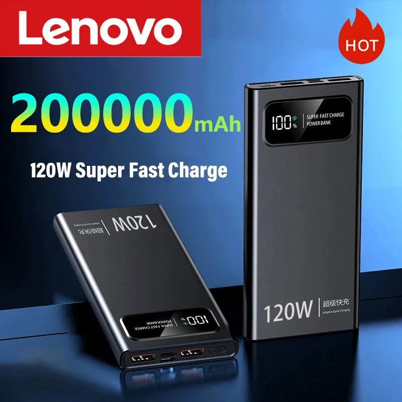 Lenove 120W Super Fast Charging Power Bank 200000mAh Ultralarge Capacity Digital Display Power Bank for iPhone External Battery