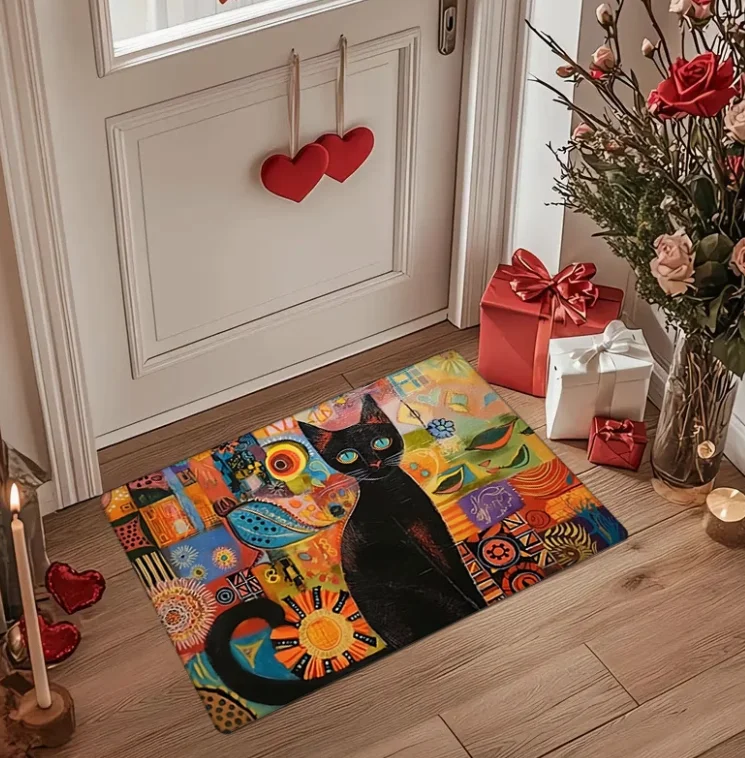 Vibrant Cat Design Floor Mat - Non-slip Entrance Carpet Colorful Home Decor for Living Room & Bedroom  Floor Mats Anime Rug