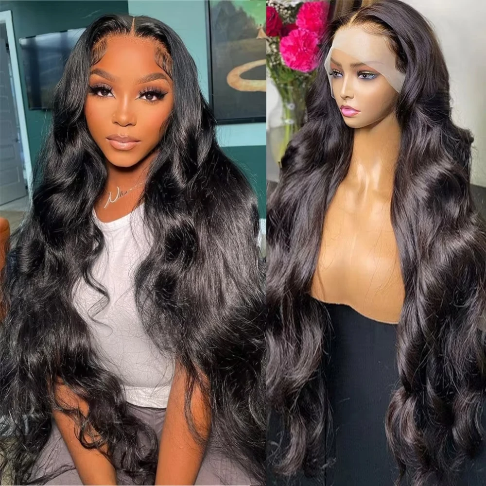 

Парик из натуральных волос Body Wave для чернокожих женщин, 200% плотность, 42 дюйма, 13x4, 13x6, HD прозрачный кружевной фронтальный парик, бразильские волосы, предварительно выщипанные.