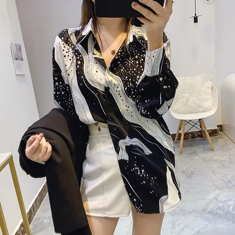 Elegant Lapel Lantern Sleeve Printed Button Chiffon Shirt Oversized Casual Long  Women Clothing Office Lady Blouse X657