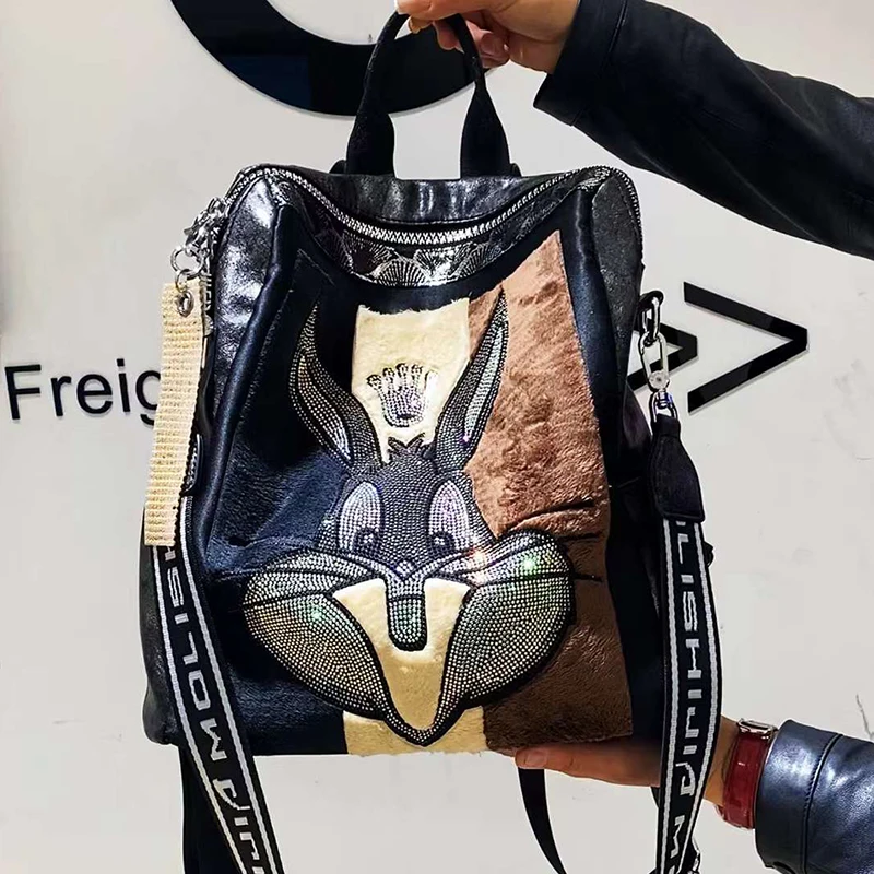 Mochila feminina bonita de pele de coelho, adornada com strass, bolsa de ombro nova Ita, moda