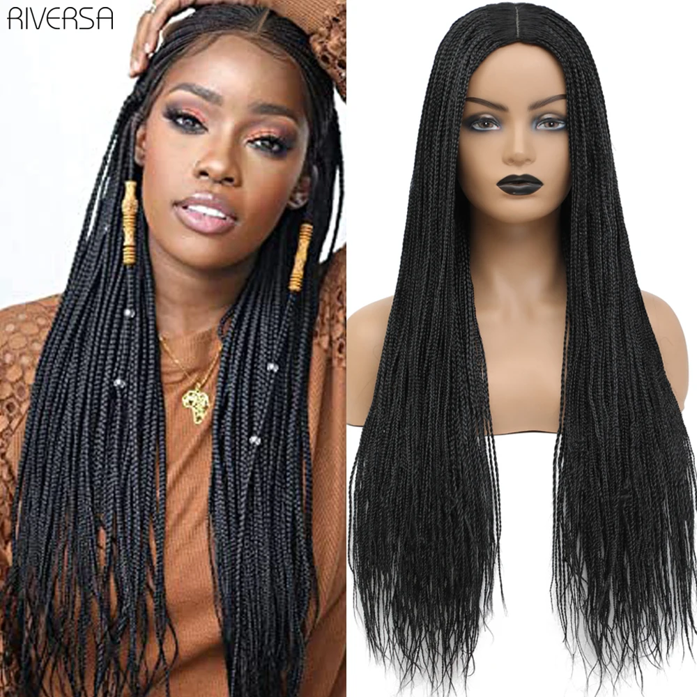 Long Braided African Wig Handmade Box Braids Wig Natural Synthetic Braiding Hair For Women Soft Glueless Wigs peluca con trenzas