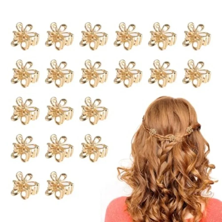 

20 Pack Small Gold Flower Hair Clips for Women Girls, Tiny Metal Claw Clips with Sparkling Floral Design, Nonslip Bangs Accesso