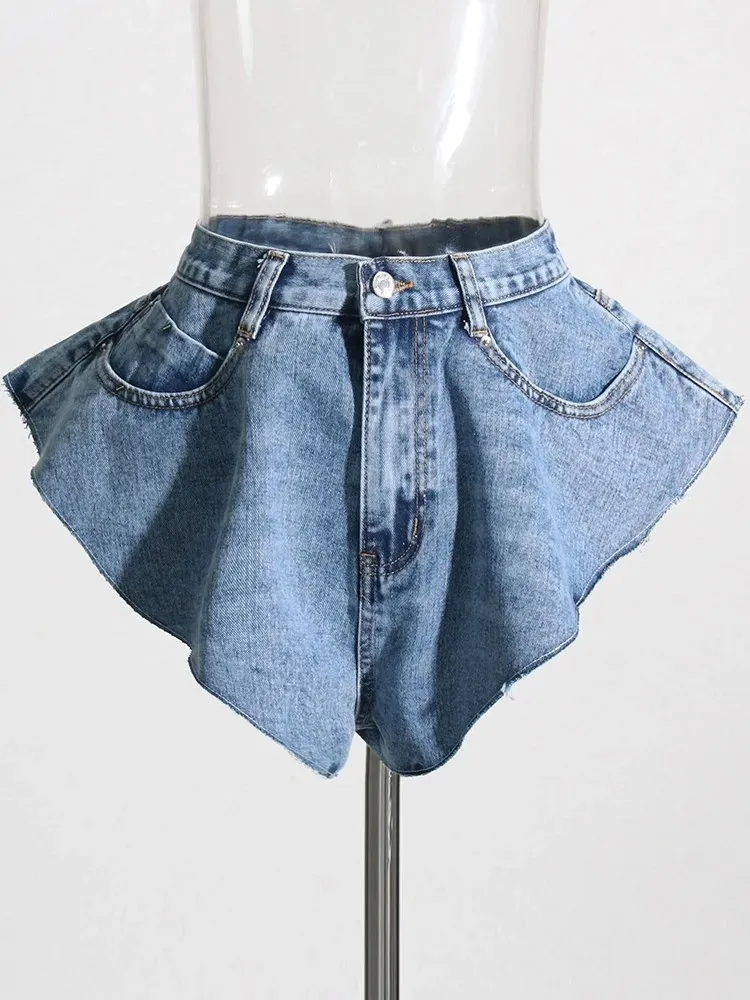 VGH patchwork pocket irregular hem denim shorts for women high waist spliced button minimalist loose short pants female fashion