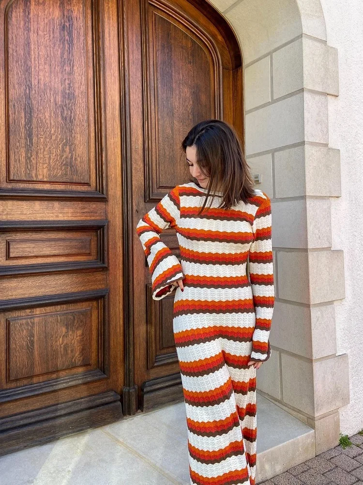 

Women's Cotton Knitted Bodycon Backless Dress Striped Hollowed Out Flared Sleeves Ruffle Vestidos O-neck Wave Cut Robe Vestidos