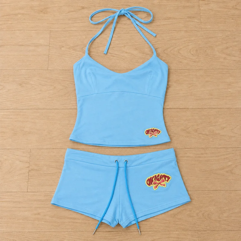 Damen 2-teiliges kurzes Set, Cami-Top, Shorts-Outfit, gerafftes Spaghetti-Träger-Crop-Top, lässiges Sommer-Matching-Set im Y2K-Stil – Detail 5