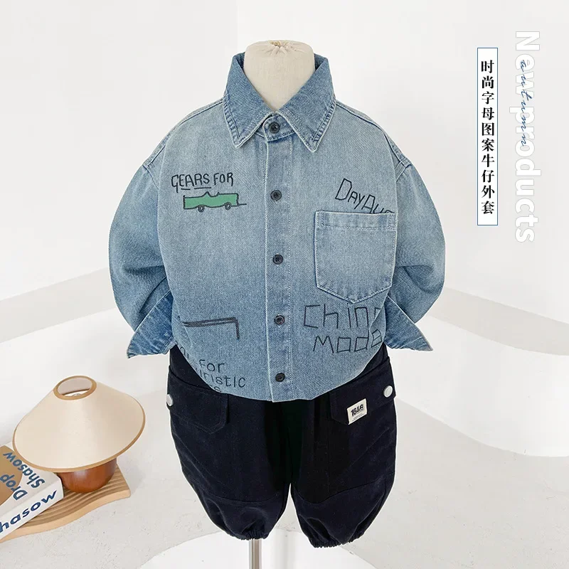 Children's shirts 2024 autumn children's clothing children's personalized letter denim shirts boys and girls gradual change coat