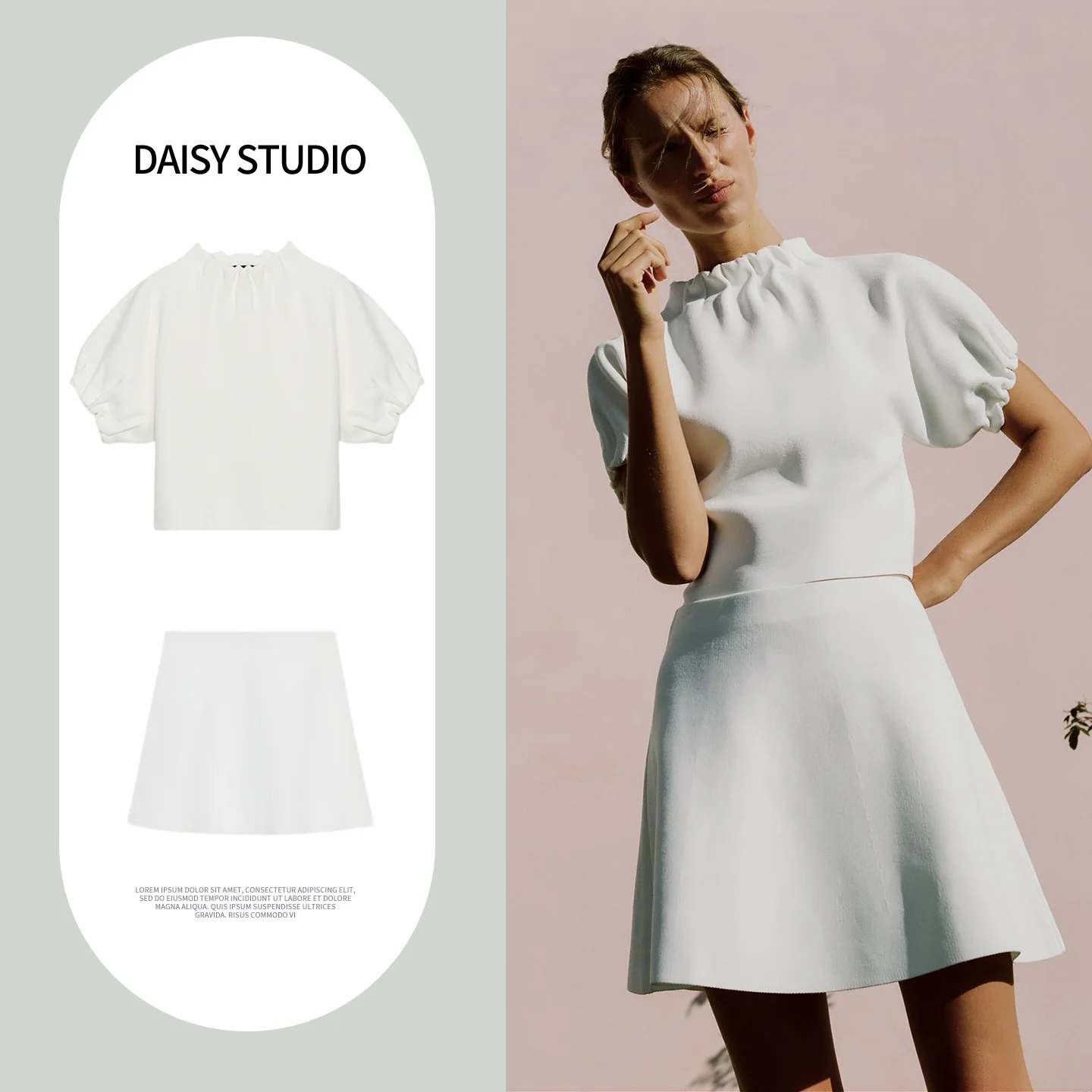 

round Neck Bubble Sleeve Knitted Top Elastic Waist Skirt Two Piece Set Short Sleeve Casual Wear Polyester Fiber Spring S...