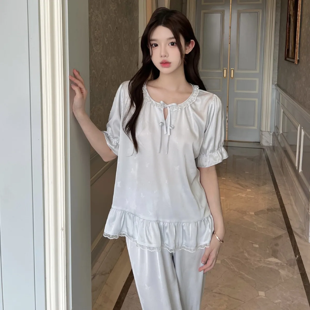 Pajamas Sets for Women Sexy Ice Silk Sleepwear Short Sleeve Pullover Pants Female Ice Silk Pyjamas Home Clothing