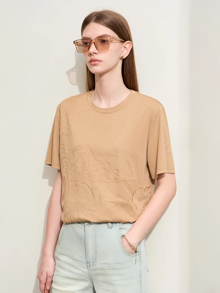 Amii Minimalism 2024 Summer New O-Neck Embroidery Loose T-shirts For Women Spliced Mesh Casual Basics Female Tops 12452034