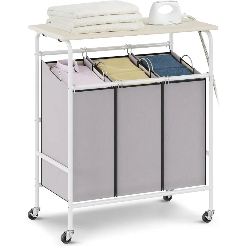 3-Section Laundry Sorter Cart with Ironing Board, Laundry Hamper with Heavy Duty Lockable Wheels and 3 Removable Bag