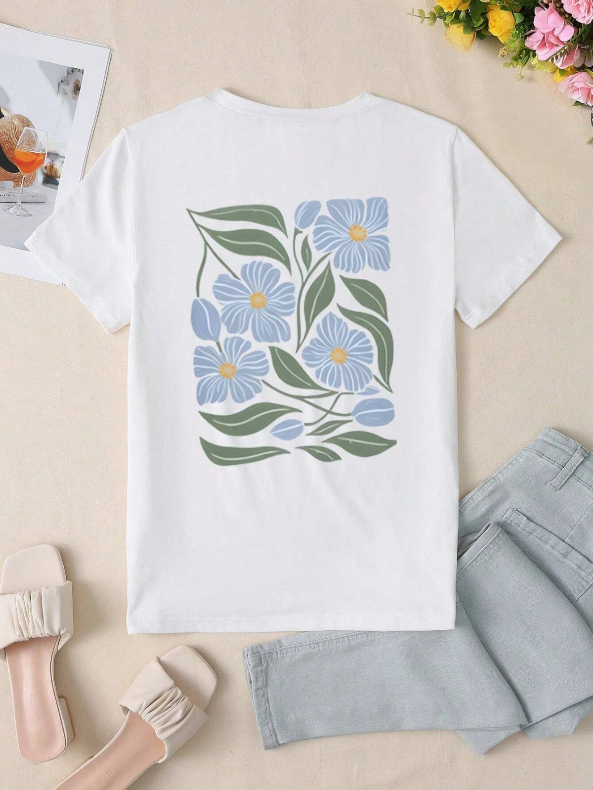 

Винтажная футболка с круглым вырезом и синим цветочным листом Y2k с графическим принтом, лето-весна, женская и мужская футболка с коротким рукавом